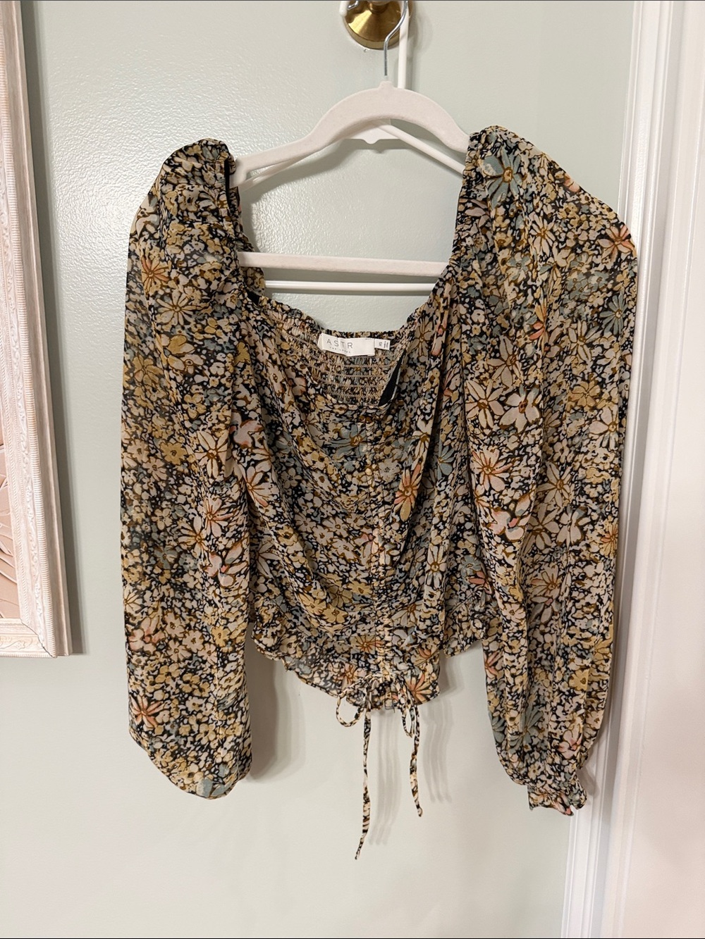 Astr Floral Drawstring Peasant Top in Black, Cream & Mustard